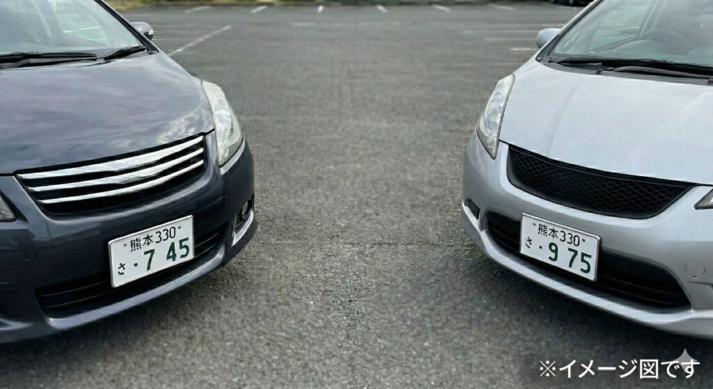 ナンバープレートのイメージ図。2つの車両にそれぞれ745、975の番号が記載されている。